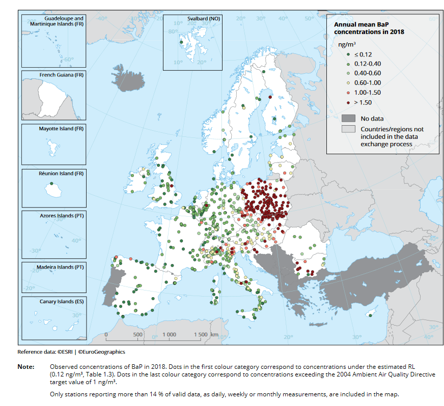 Mapa stężenia benzo(a)pirenu w Europie