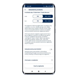 Zrzut z aplikacji Blueair - ustawienia